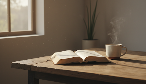 Serene morning scene with a person using a mobile devotional app for scripture study